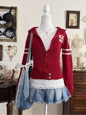 Y2k blokette girly grunge sporty cozy red knit hooded zip up sweater w pockets